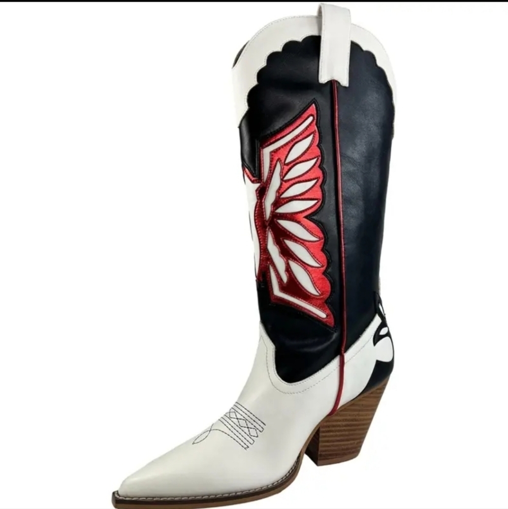 Stylish Western Cowboy Boots - Black, White, and Red Sz 10